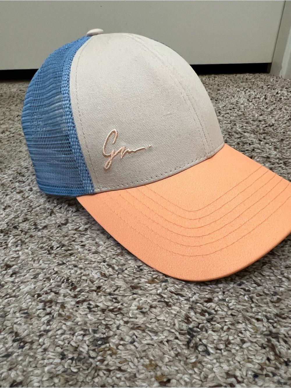 Cream and Peach Women's Mesh Baseball Cap with Blue Back
